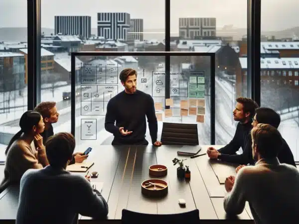 Diverse team interviews a candidate in an oslo startup with mission and options