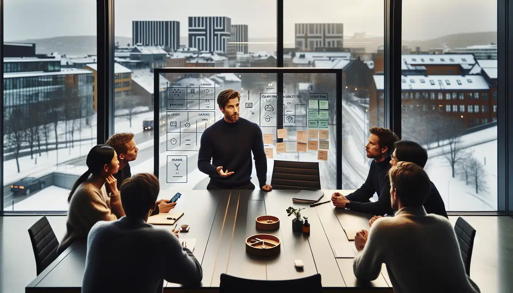 Diverse team interviews a candidate in an oslo startup with mission and options