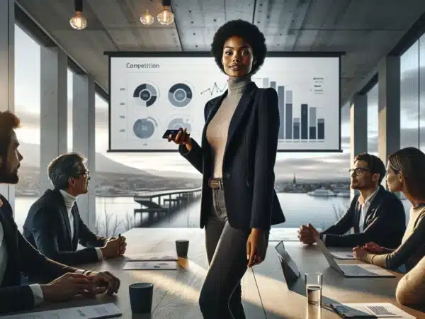 Founder pitching to investors in oslo with data driven slide and winter light