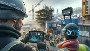 Norwegian construction team using tablet dashboards to manage a data driven building site