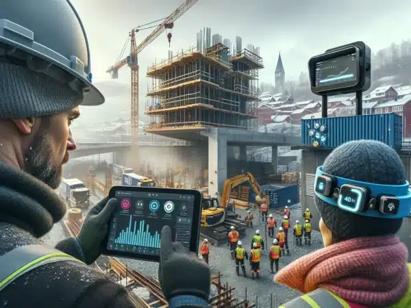 Norwegian construction team using tablet dashboards to manage a data driven building site