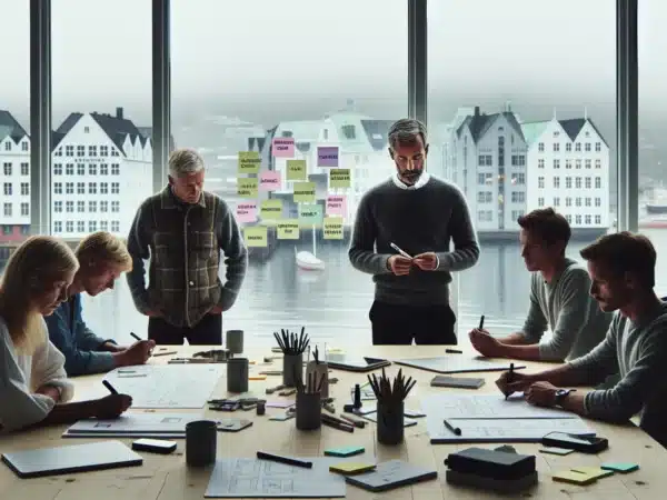 Norwegian small business team planning a marketing strategy with goals and dashboards