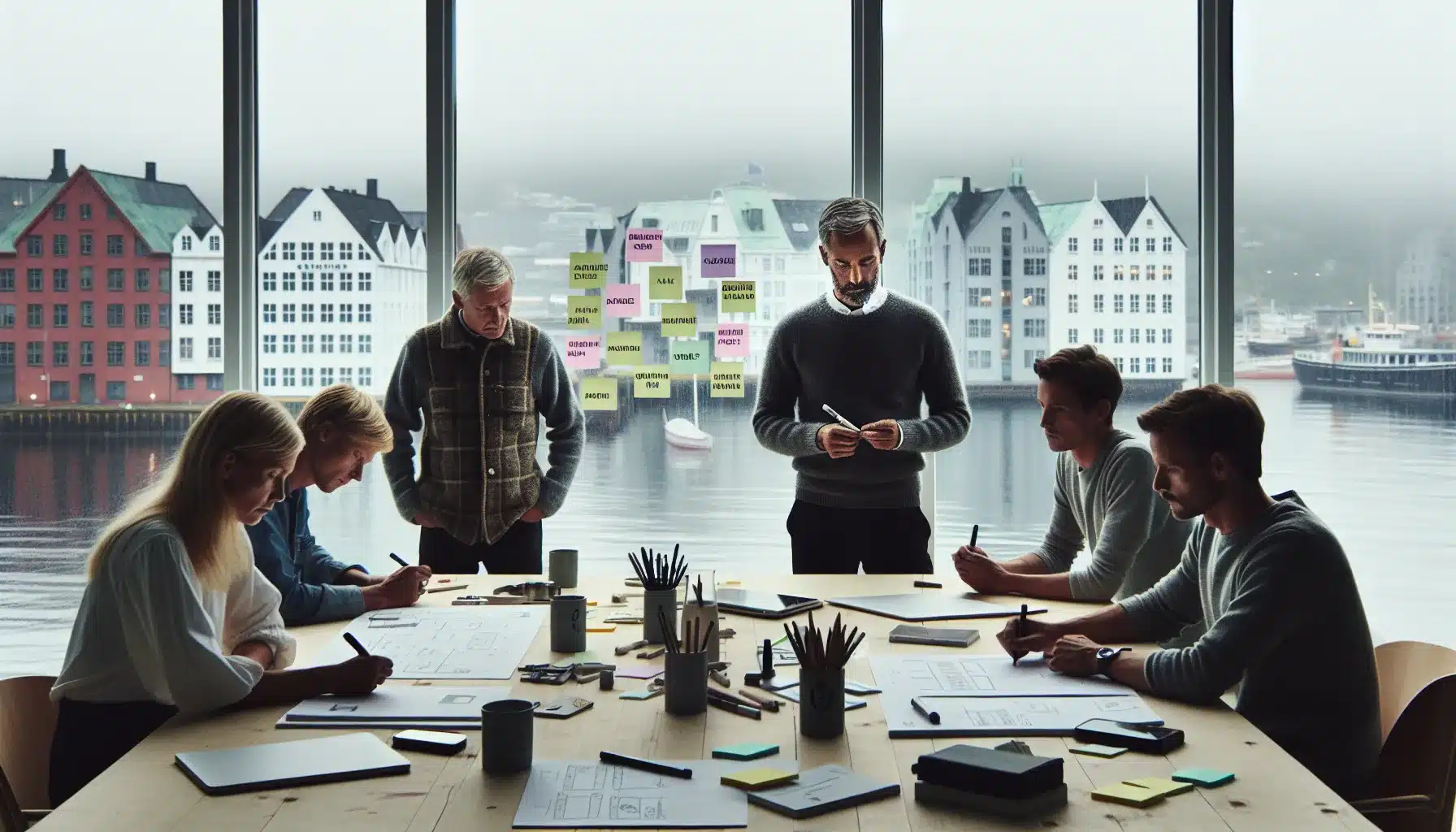 Norwegian small business team planning a marketing strategy with goals and dashboards