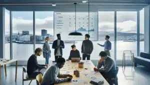 Norwegian team collaborates in a bright oslo office during an innovation demo