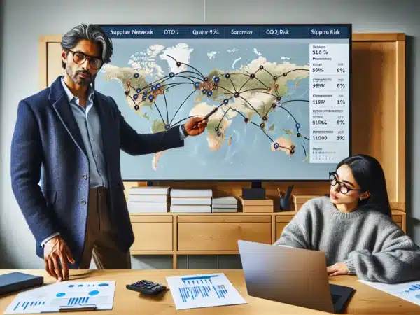 Two professionals review reliable supplier network dashboards in a modern oslo office