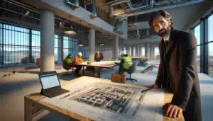 Client and contractor reviewing plans and bim model at a norwegian construction site