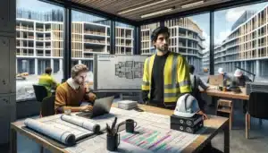 Construction team in norway reviewing digital schedules change logs and site deviations