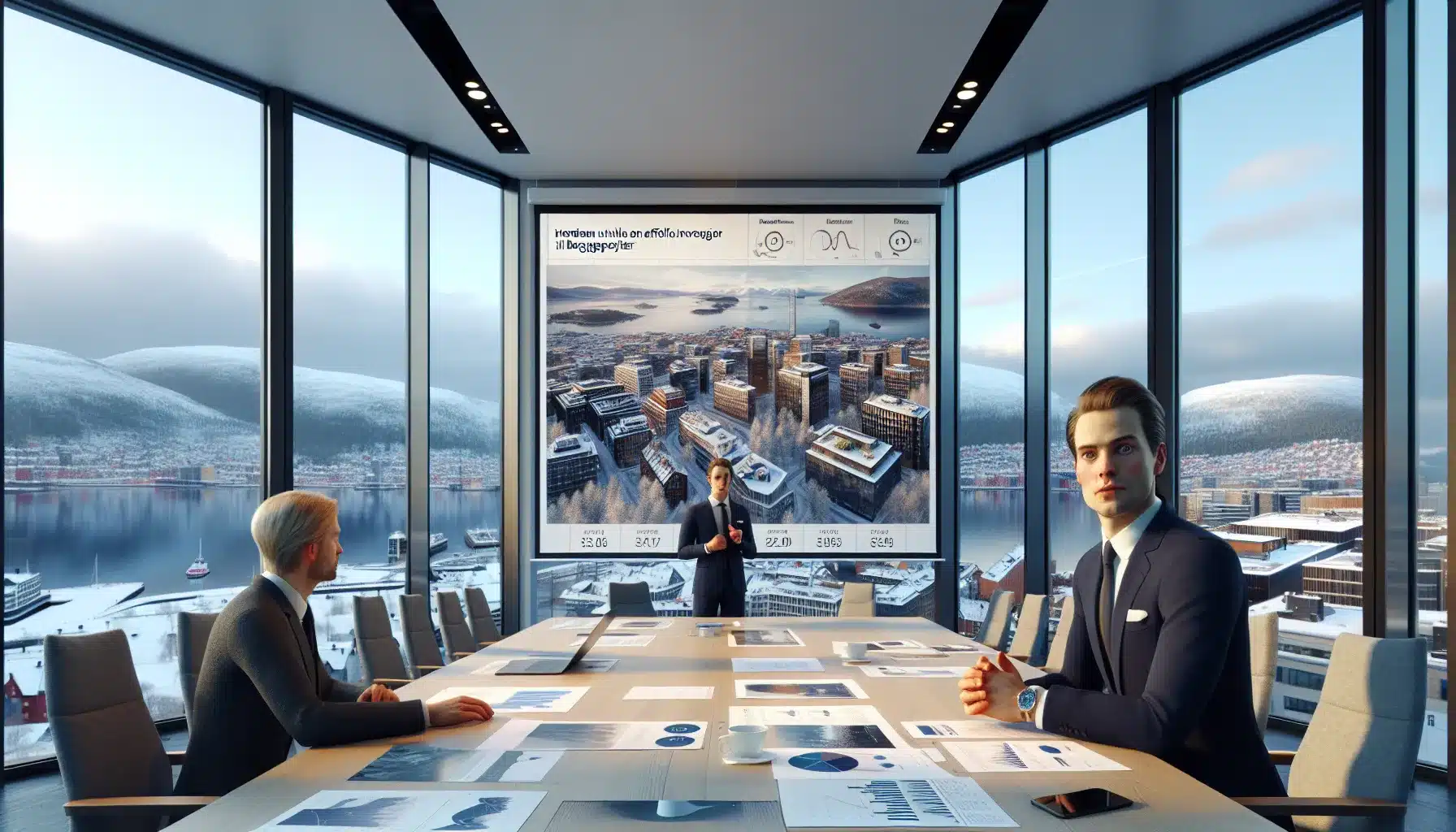 Hvordan utvikle en effektiv strategi for å tiltrekke investorer til byggeprosjekter 1 Developer presents investor pitch deck for a norwegian construction project in a meeting