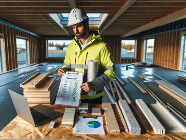 Engineer reviews epd documents and low impact material samples at a norwegian build site