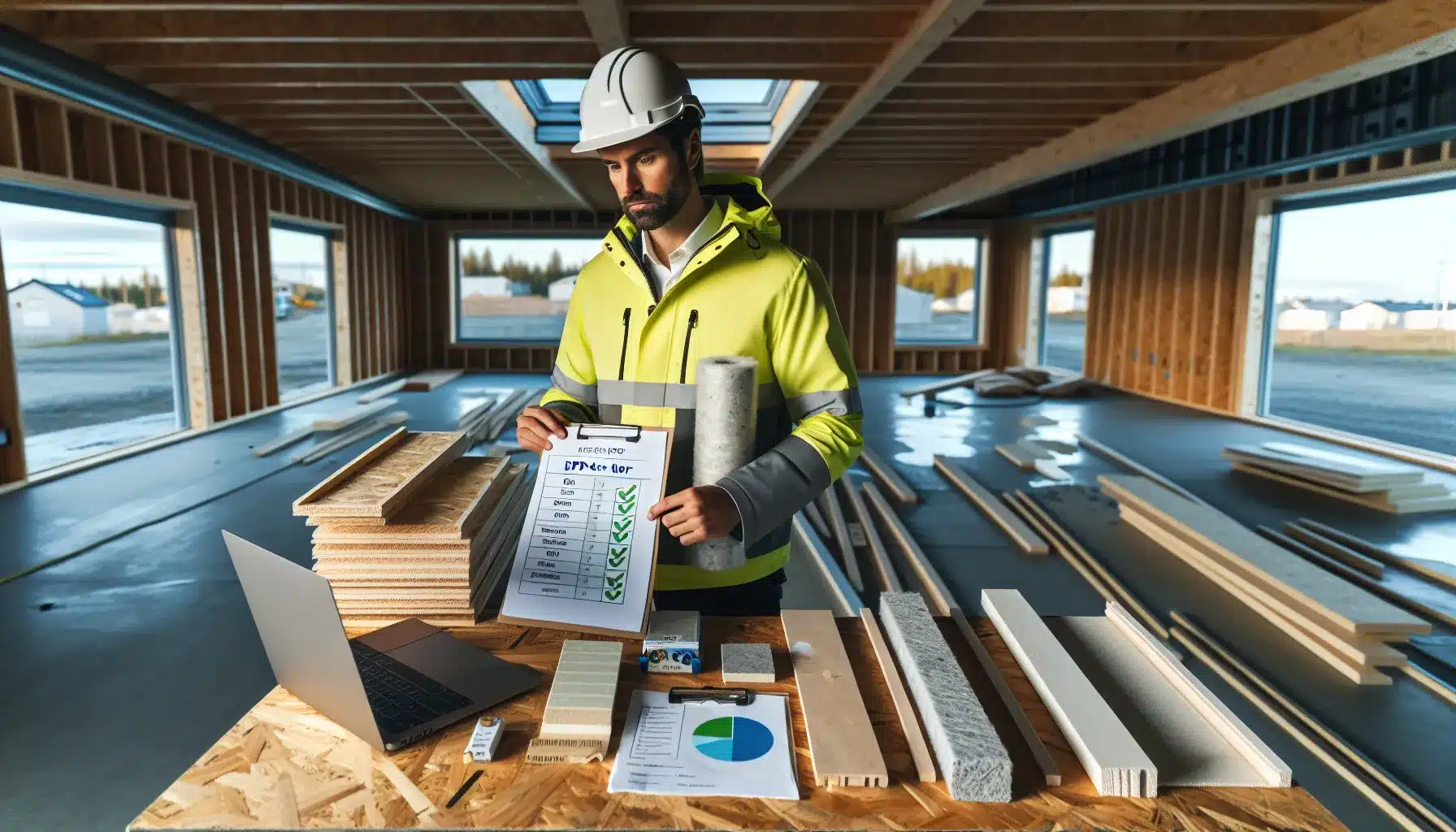 Engineer reviews epd documents and low impact material samples at a norwegian build site