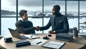 Entrepreneur and supplier shake hands beside laptop showing delivery and quality kpis