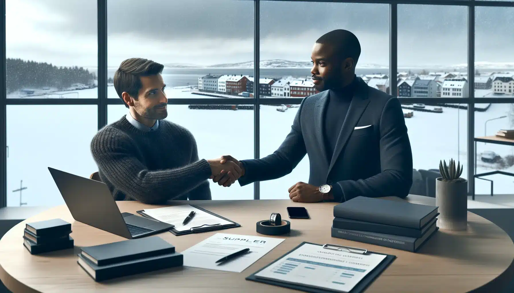 Entrepreneur and supplier shake hands beside laptop showing delivery and quality kpis