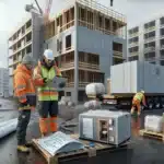 Hvordan bruke prefabrikkerte løsninger for å effektivisere byggeprosjekter 4 Norwegian construction team coordinating prefabricated elements delivery and crane installation on s