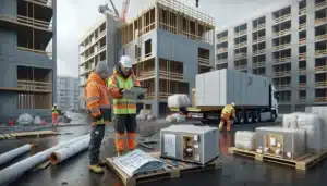Norwegian construction team coordinating prefabricated elements delivery and crane installation on s