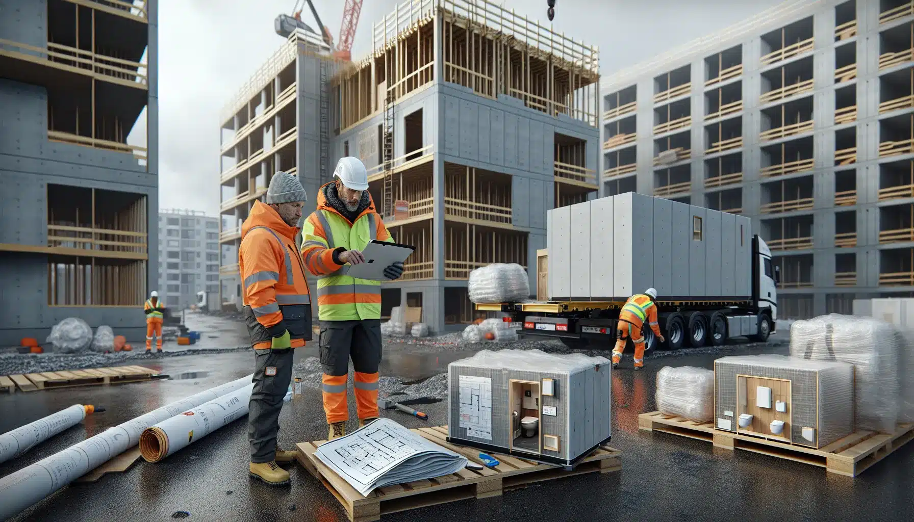 Norwegian construction team coordinating prefabricated elements delivery and crane installation on s