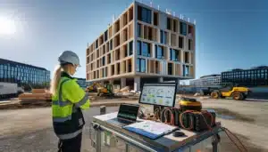 Norwegian construction team planning green technology with solar panels and electric machinery