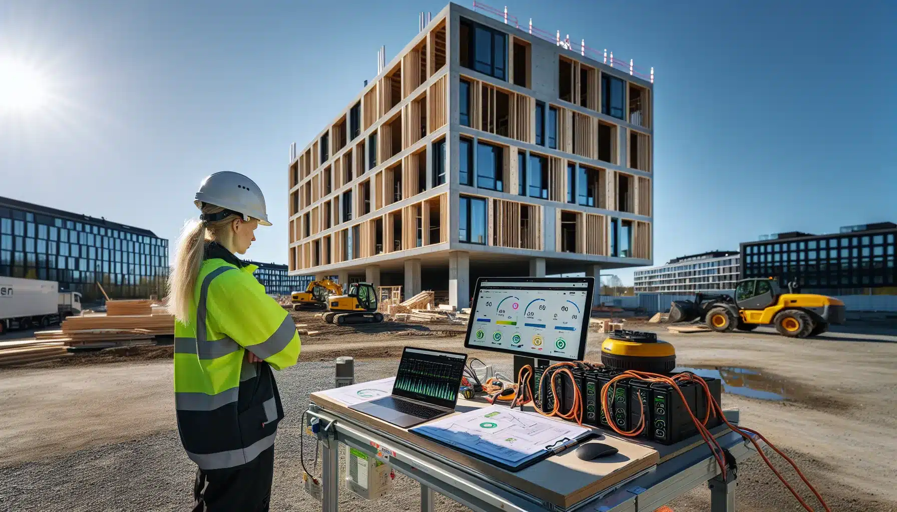 Hvordan implementere grønn teknologi i byggeprosjekter for økt bærekraft 1 Norwegian construction team planning green technology with solar panels and electric machinery