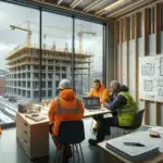 Norwegian construction team reviewing a bim model and improvement checklists in a site cabin