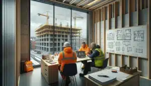 Norwegian construction team reviewing a bim model and improvement checklists in a site cabin