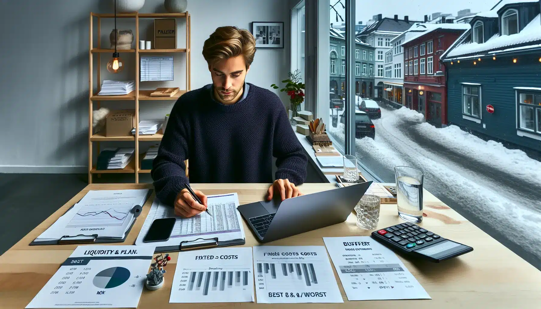 Norwegian entrepreneur reviewing cash flow and scenario plans on a laptop