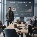 Slik skaper du en vinnende pitch for å sikre finansiering 7 Norwegian founder pitching investors with slides showing traction kpis and funding ask