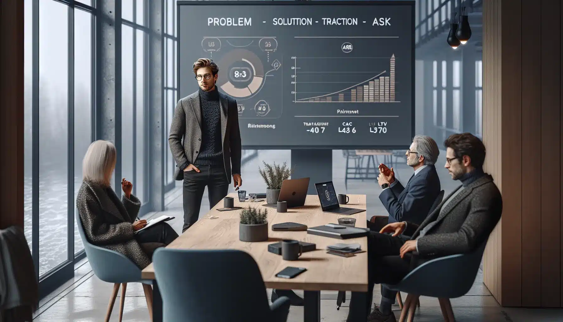 Slik skaper du en vinnende pitch for å sikre finansiering 3 Norwegian founder pitching investors with slides showing traction kpis and funding ask