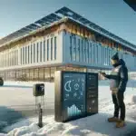 Norwegian office building with solar panels battery storage and a manager using energy dashboard