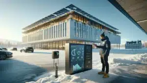Norwegian office building with solar panels battery storage and a manager using energy dashboard