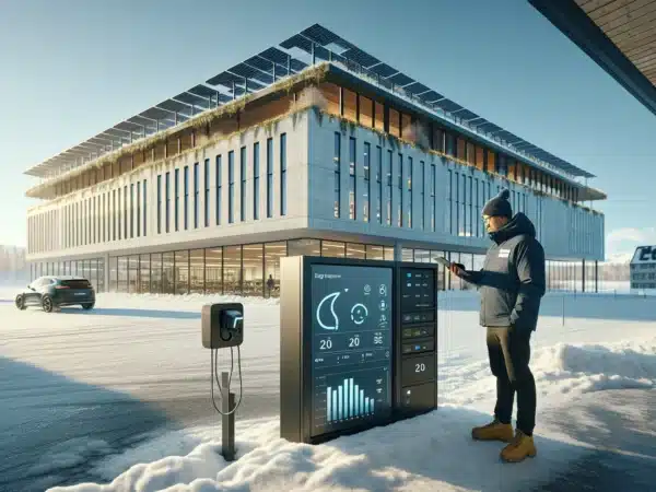 Norwegian office building with solar panels battery storage and a manager using energy dashboard