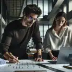 Norwegian project team reviewing plans and a compliance matrix for building regulations