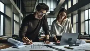 Norwegian project team reviewing plans and a compliance matrix for building regulations