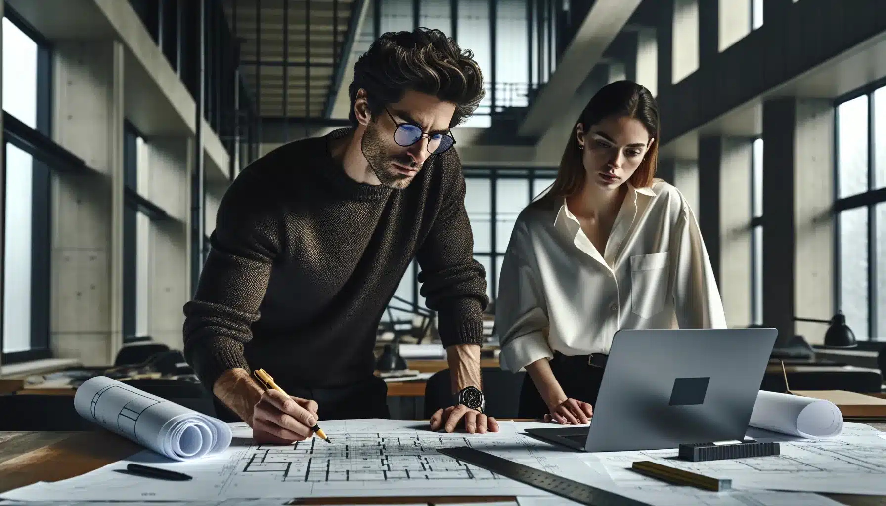 Norwegian project team reviewing plans and a compliance matrix for building regulations