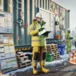 Norwegian site manager checks kpi dashboard as workers sort construction waste