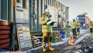Norwegian site manager checks kpi dashboard as workers sort construction waste