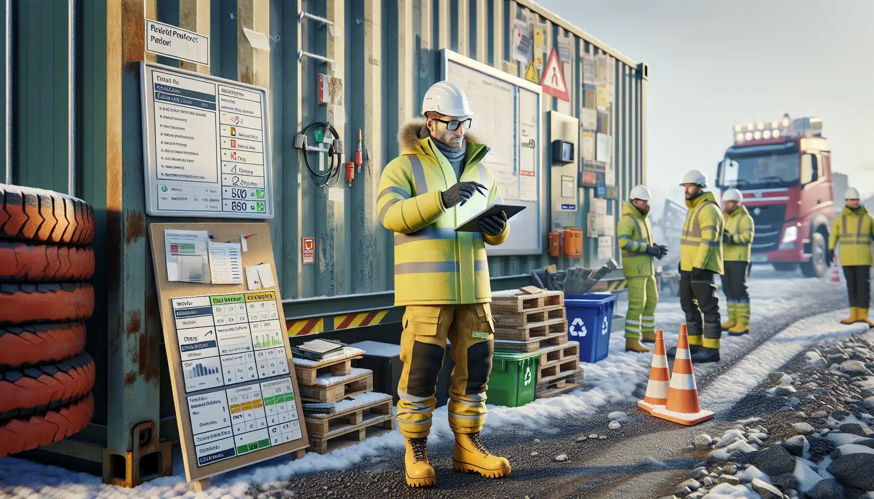 Norwegian site manager checks kpi dashboard as workers sort construction waste