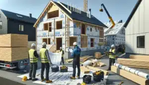 Project manager and carpenter reviewing budget and plans at a norwegian build site