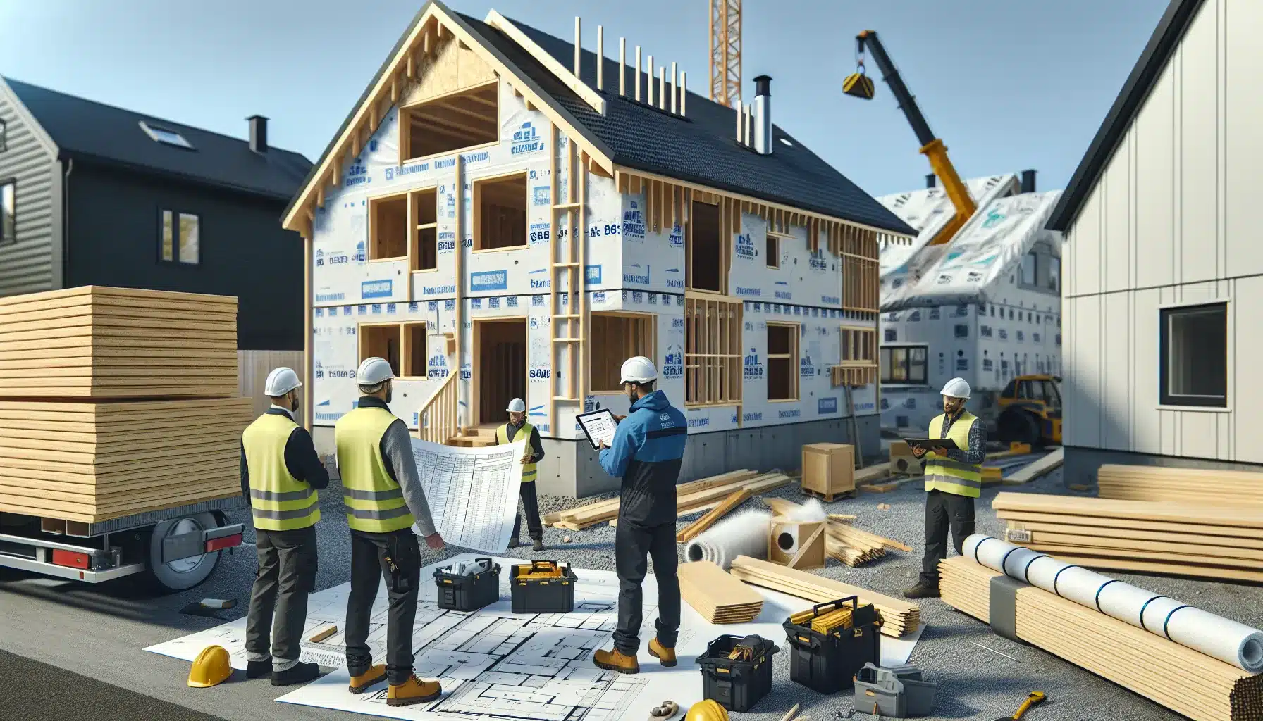 De beste tipsene for å optimalisere kostnader i boligbygging 1 Project manager and carpenter reviewing budget and plans at a norwegian build site
