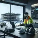 Hvordan bruke dataanalyse for å forbedre effektiviteten i byggeprosesser 5 Project manager in a norwegian site office reviewing construction analytics kpis on screen
