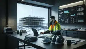 Project manager in a norwegian site office reviewing construction analytics kpis on screen
