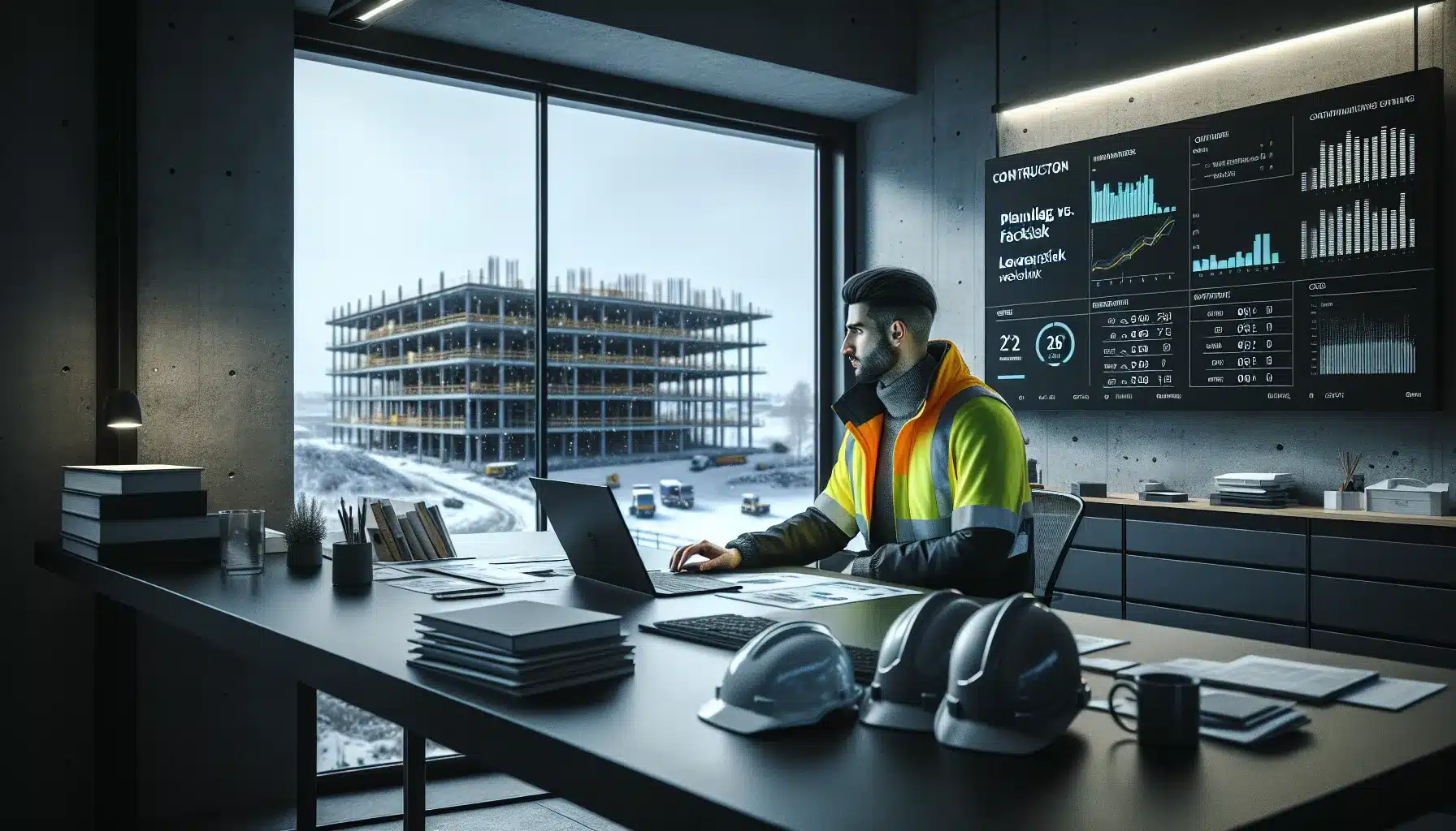 Hvordan bruke dataanalyse for å forbedre effektiviteten i byggeprosesser 1 Project manager in a norwegian site office reviewing construction analytics kpis on screen