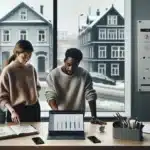 Two coworkers in a norwegian office using a project management dashboard on a laptop