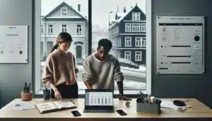 Two coworkers in a norwegian office using a project management dashboard on a laptop