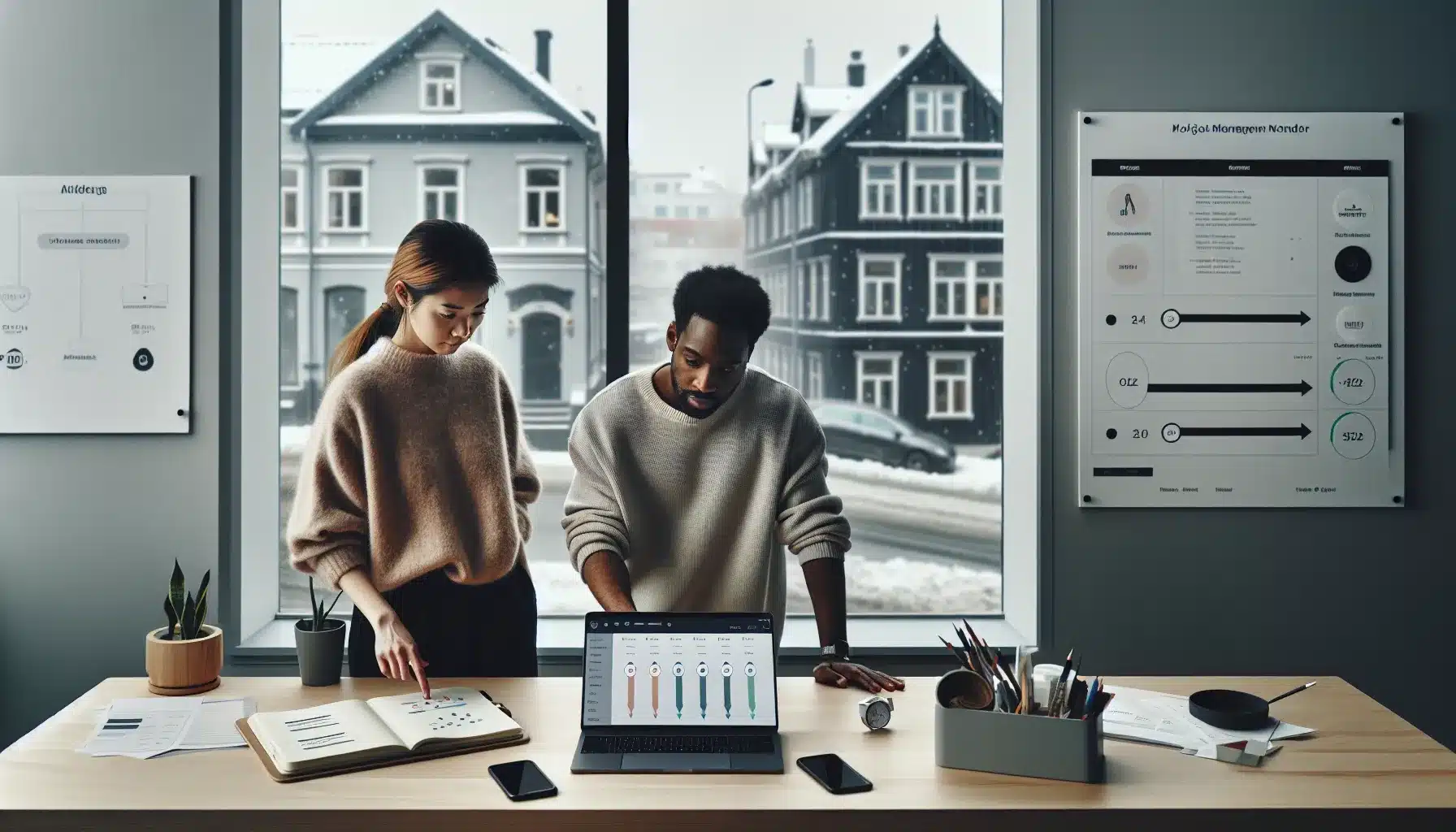 Slik kan små bedrifter dra nytte av digitale verktøy for prosjektstyring 1 Two coworkers in a norwegian office using a project management dashboard on a laptop