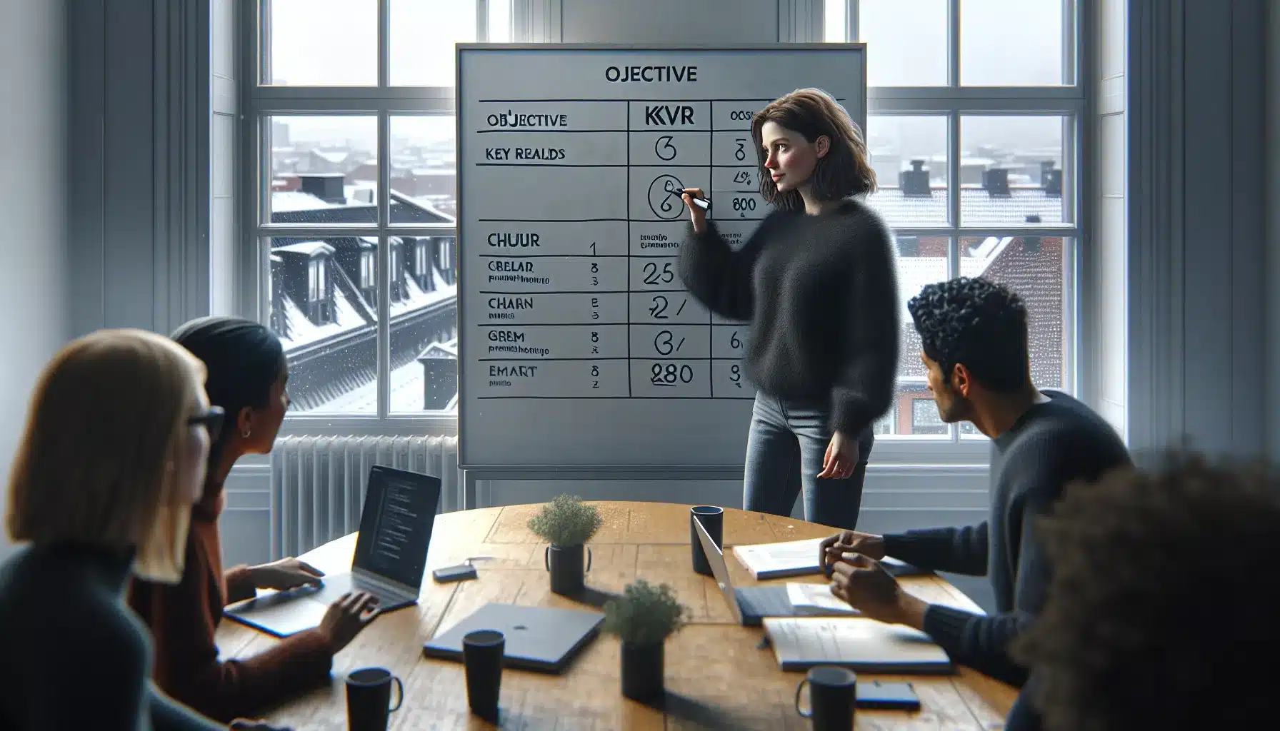 Norwegian startup team defines okrs and priorities on a whiteboard.