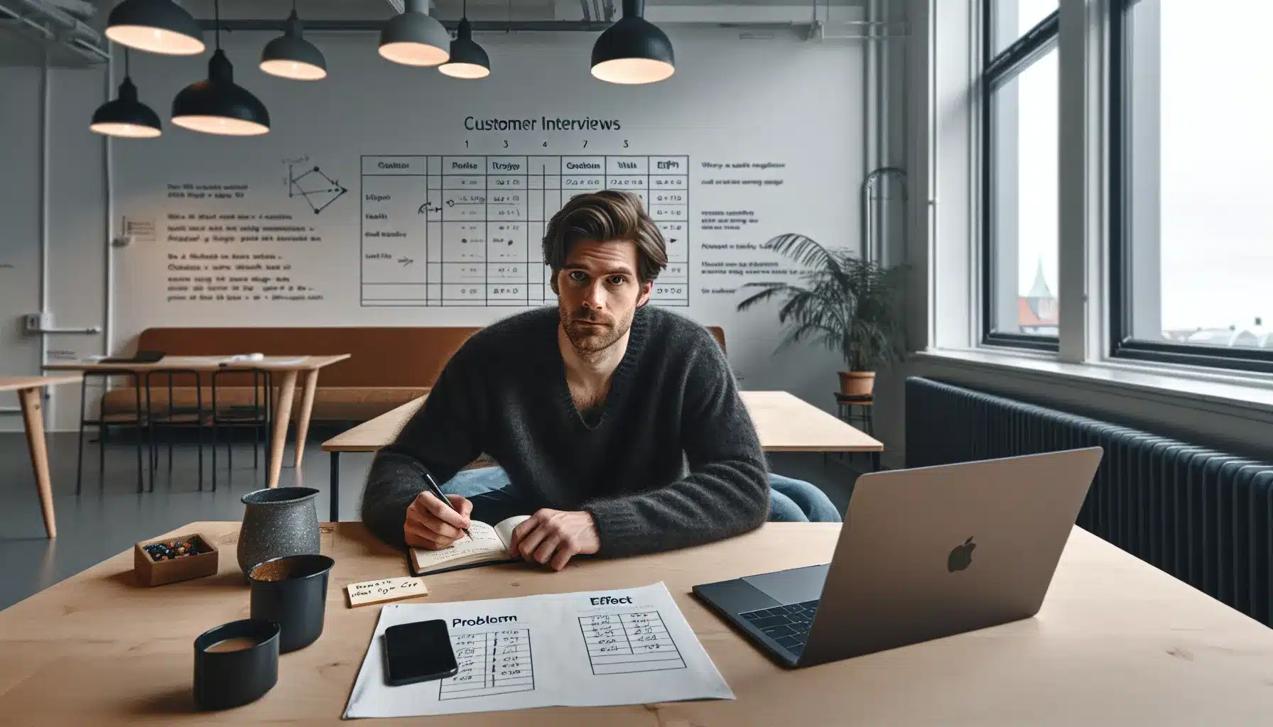 Startup founder in oslo analyzing metrics and preparing structured customer interviews.