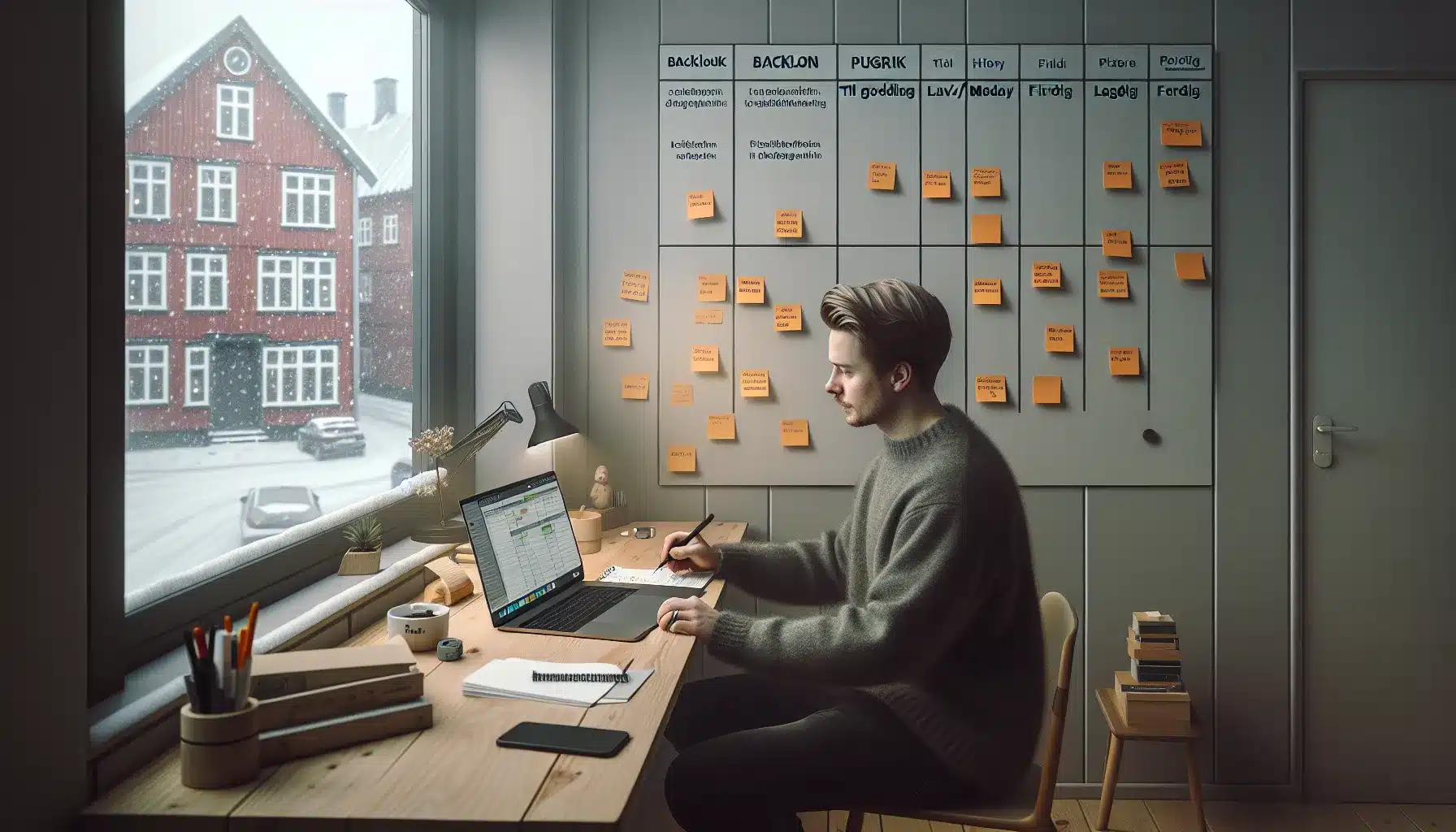 Small norwegian team using a project management dashboard with tasks, deadlines, and reports.