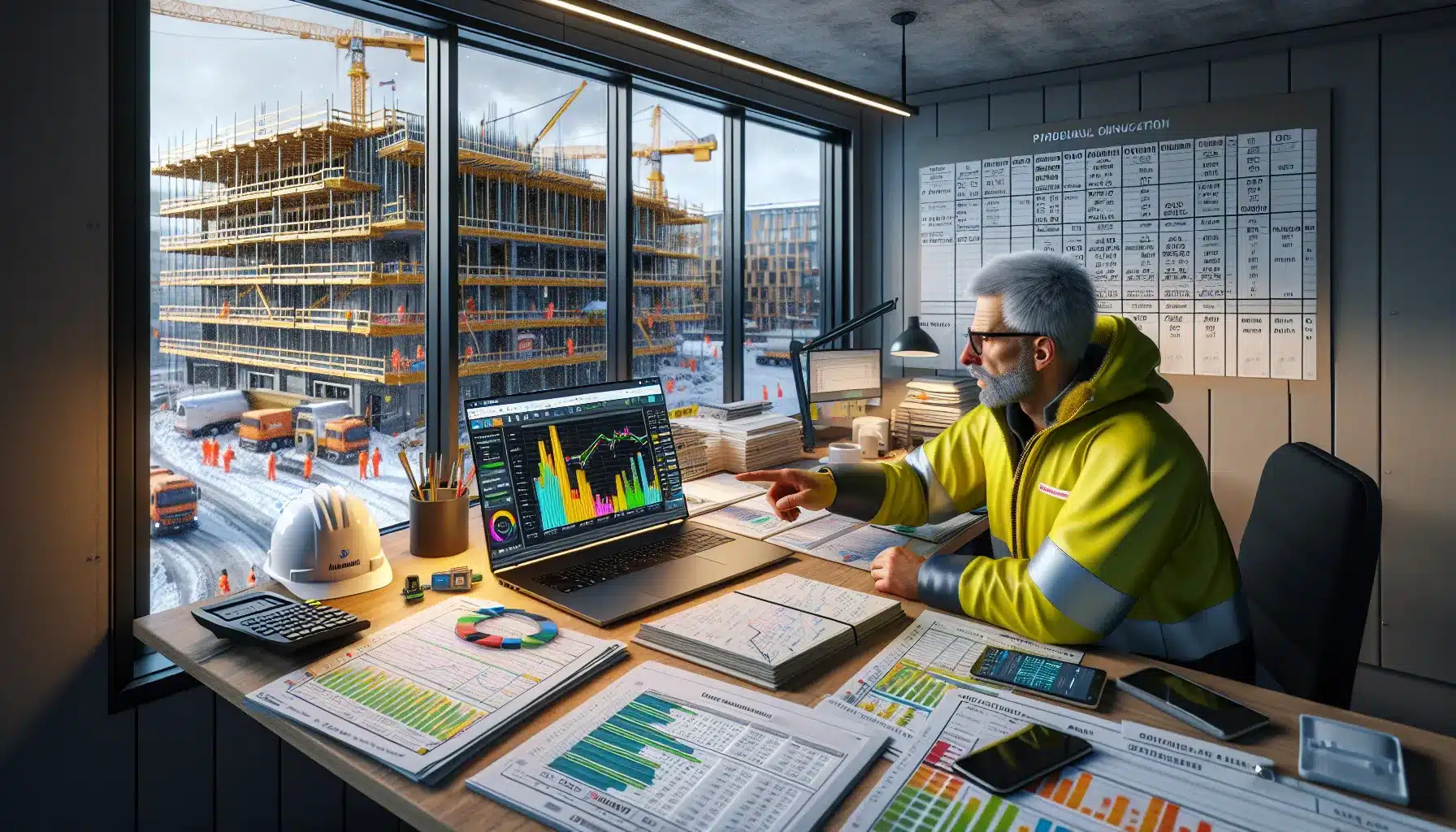 Hvordan bruke dataanalyse for å forbedre effektiviteten i byggeprosesser 2 Norwegian construction manager reviewing analytics dashboard to prevent delays and rework.