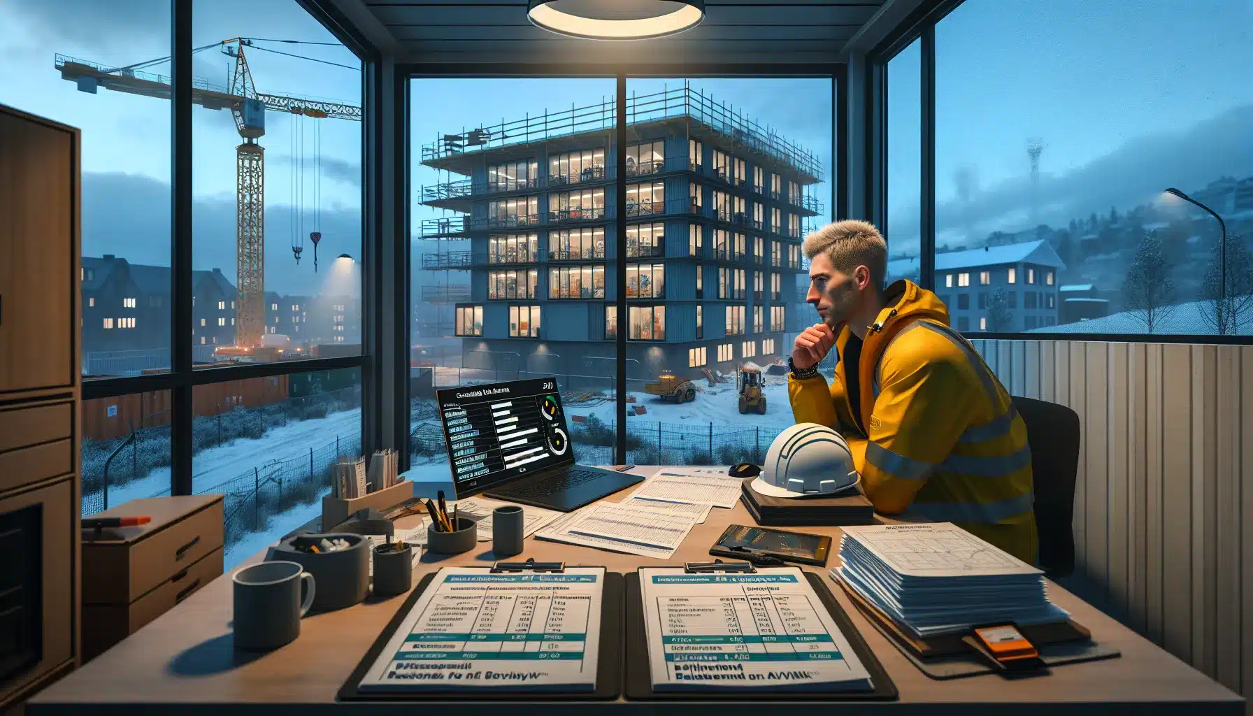 Hvordan bruke dataanalyse for å forbedre effektiviteten i byggeprosesser 3 Construction manager in norway reviewing project progress, cost, and hse data dashboards.